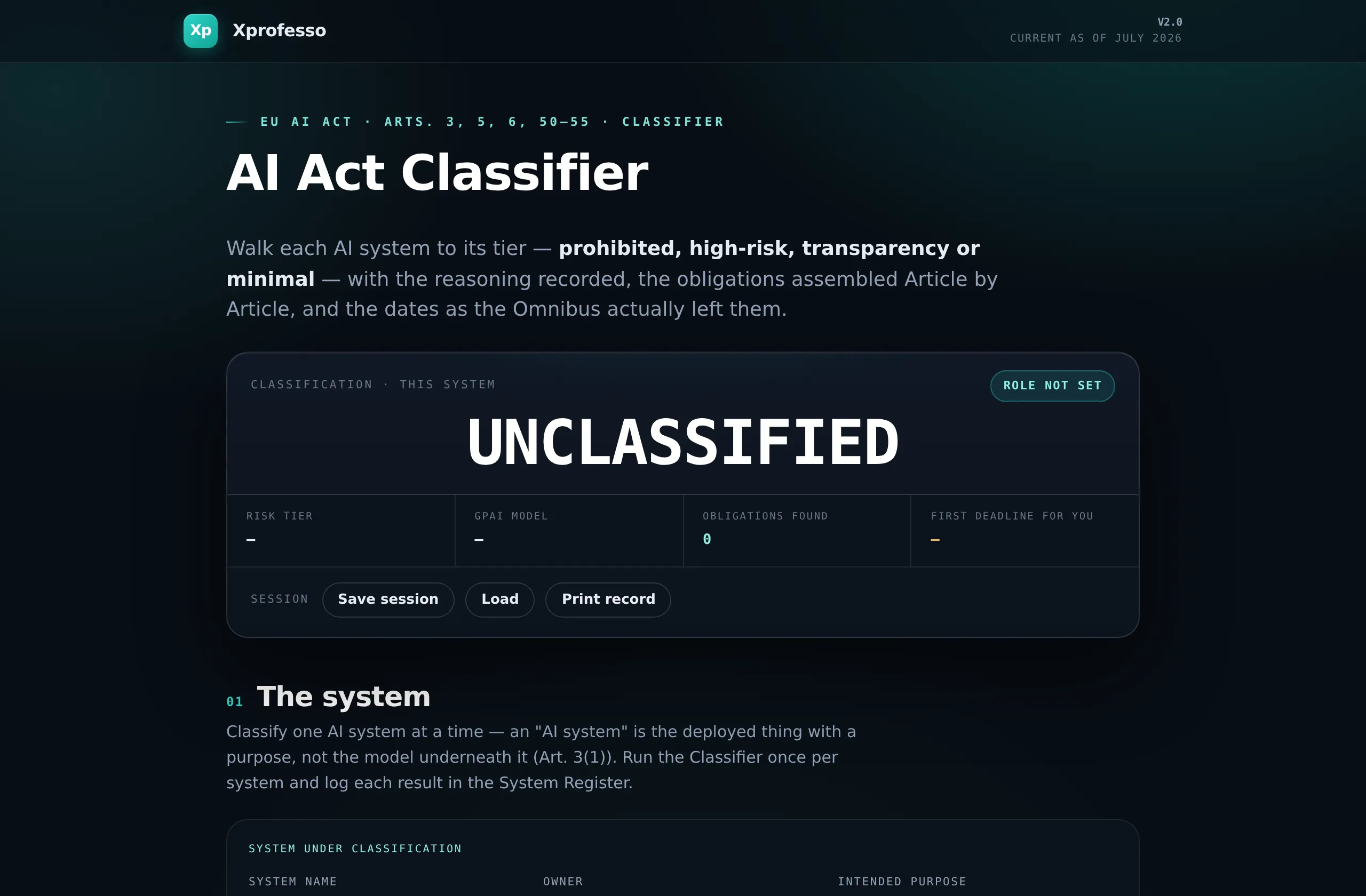 AI Act Classifier console from the kit — Article 2 risk classification console